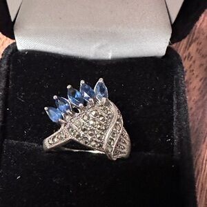Elegant Silver marcasite and Blue Gemstone Ring